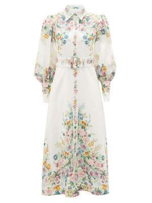 ZIMMERMANN Wavelength Belted Floral-Print Linen Midi Dress