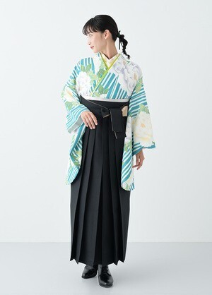 きものやまと 花笑み 親子縞に牡丹 青緑