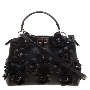 FENDI Black Leather Mini Peekaboo Allover Flowers Black Edition Top Handle Bag
