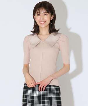 And Couture サテン襟付きリブニット半袖プルオーバー