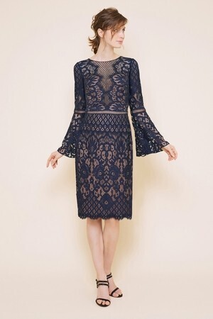TADASHI SHOJI ネイビー ベルスリーブ レースミディアムドレス