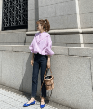 BayBee pin tuck frill blouse(gingham pink)