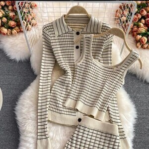 Wild Lily カーディガン ノースリーブ スカート ニット チェック セットアップ