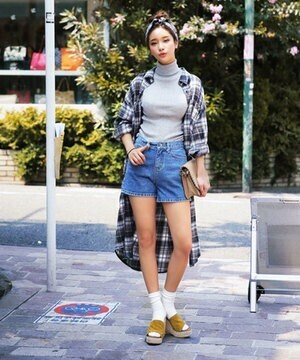 DHOLIC ウエストリボンチェックロングシャツ