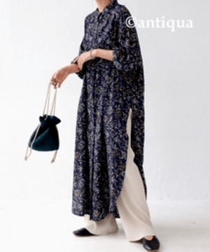 antiqua ★アラベスク風花柄 シャツワンピース ワンピース 長袖・po-00128