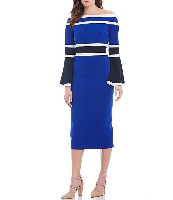 Tadashi Shoji オフショルダーベルスリーブカラーブロックドレス