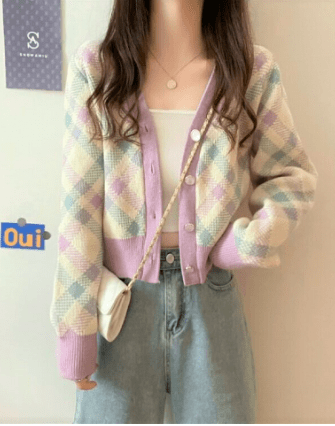 Lamitte deco パステル チェック でキュートに♪ ニット カーディガン パイピング風 バイカラー 淡色 フェミニン ガーリー 大人っぽ
