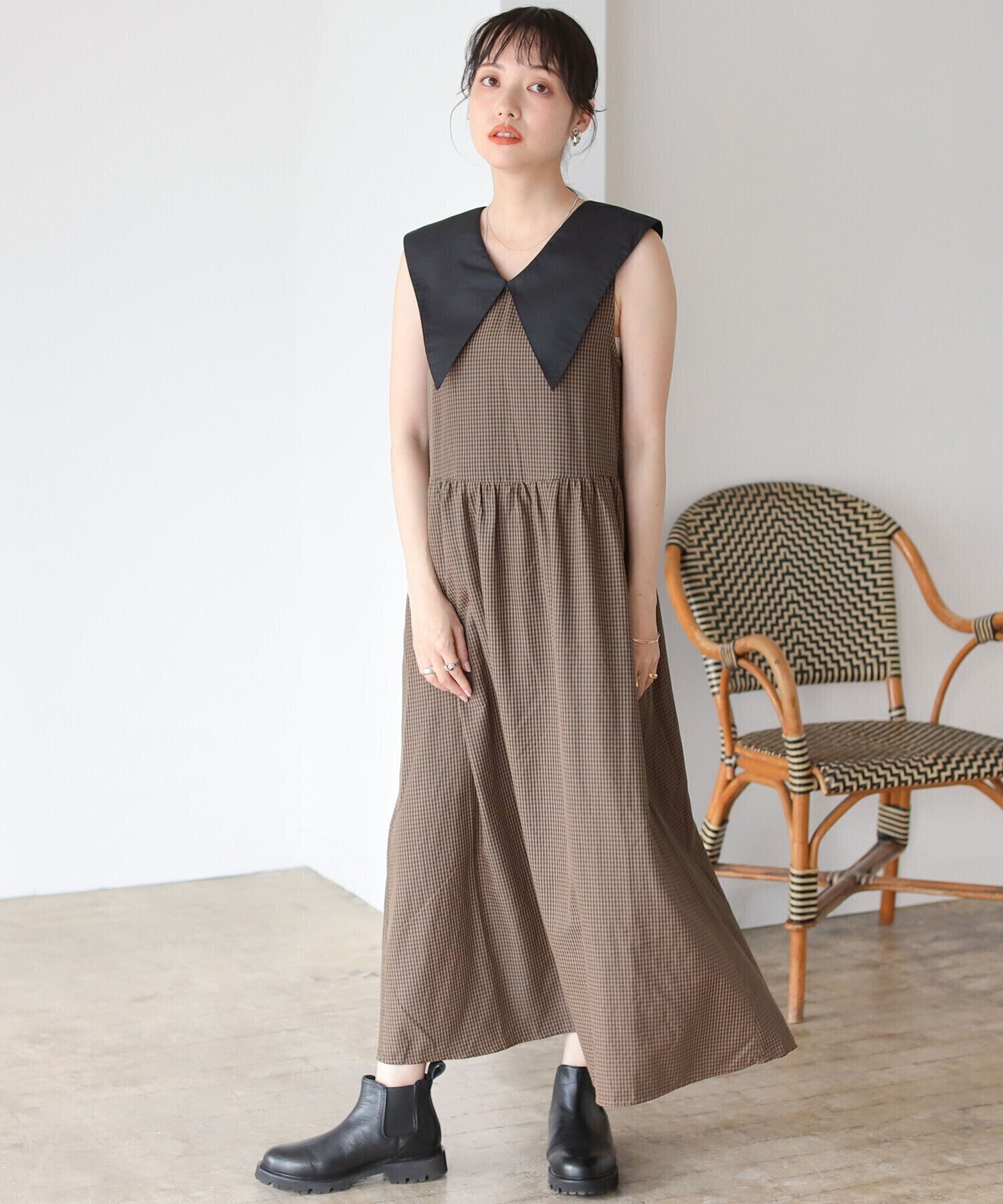 BeAMS DOT Vネック チェック ワンピース