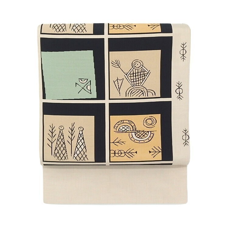 千成堂着物店 木屋太 「くぎ描き市松」 袋帯 風通織　亜麻色に墨色と卵色、浅葱色