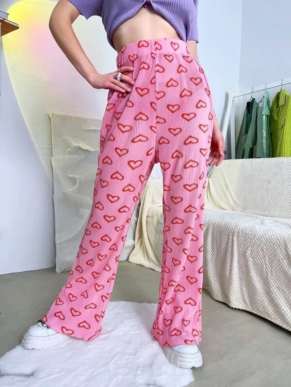 SHEIN ハイウェスト オールオーバーハートプリント ワイドレッグパンツ