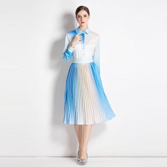 Wild Lily 襟付き グラデーション ロングスリーブ プリーツ ワンピース