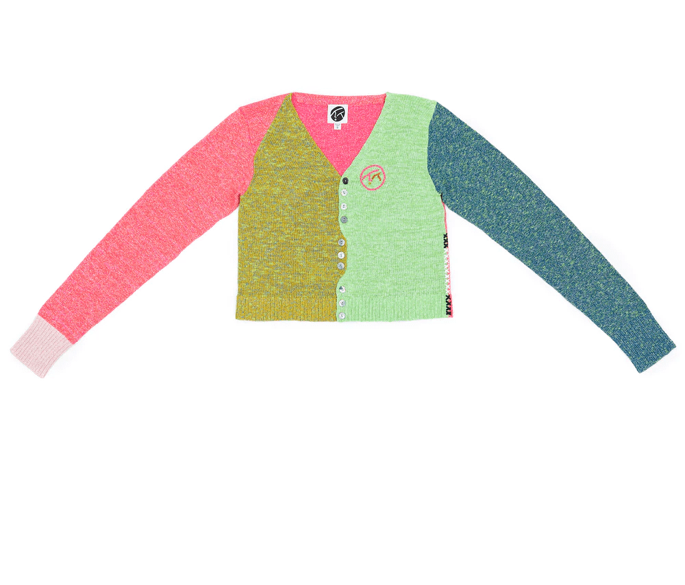 YANYAN ROMY TWEED COLORBLOCK V-NECK CARDIGAN IN FUCHSIA MULTI
