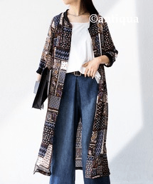 antiqua パッチワーク柄 ロングシャツ レディース トップス 羽織り・ya-00433