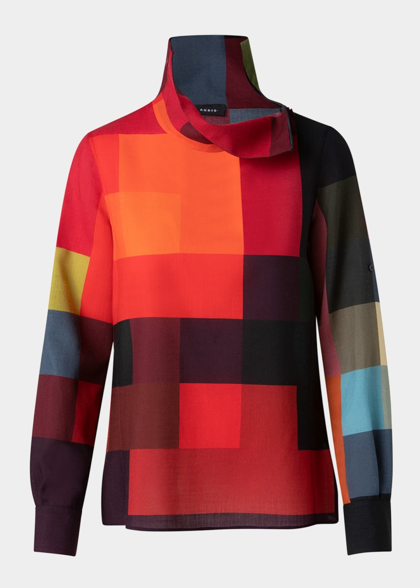 Akris Abstract-Print Wool Blouse w/ Shoulder Zip