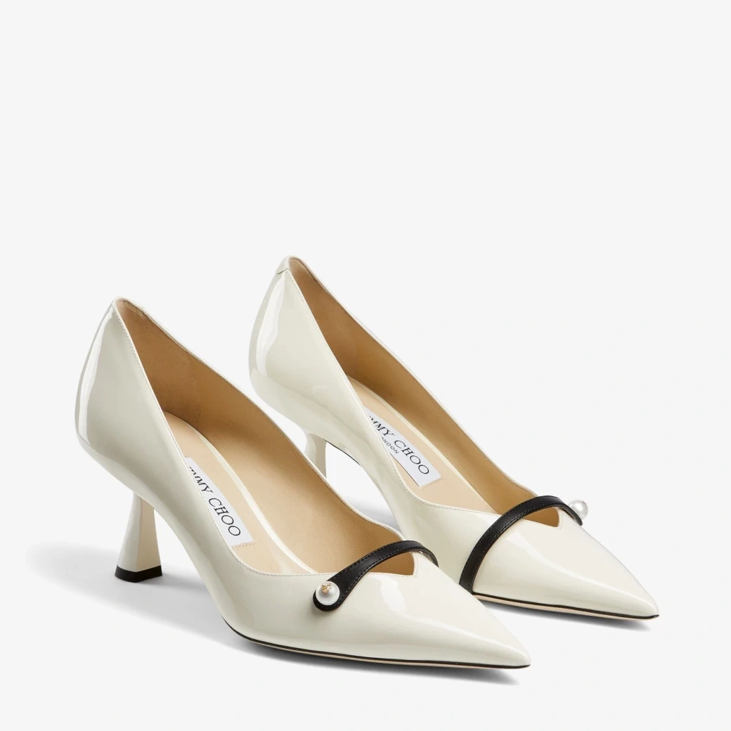 JIMMY CHOO Rosalia 65 パール付き Latte パテントレザー・ポインテッドトゥ パンプス