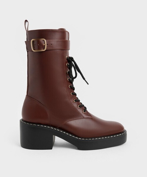 CHARLES & KEITH バックルレースアップ プラットフォームブーツ