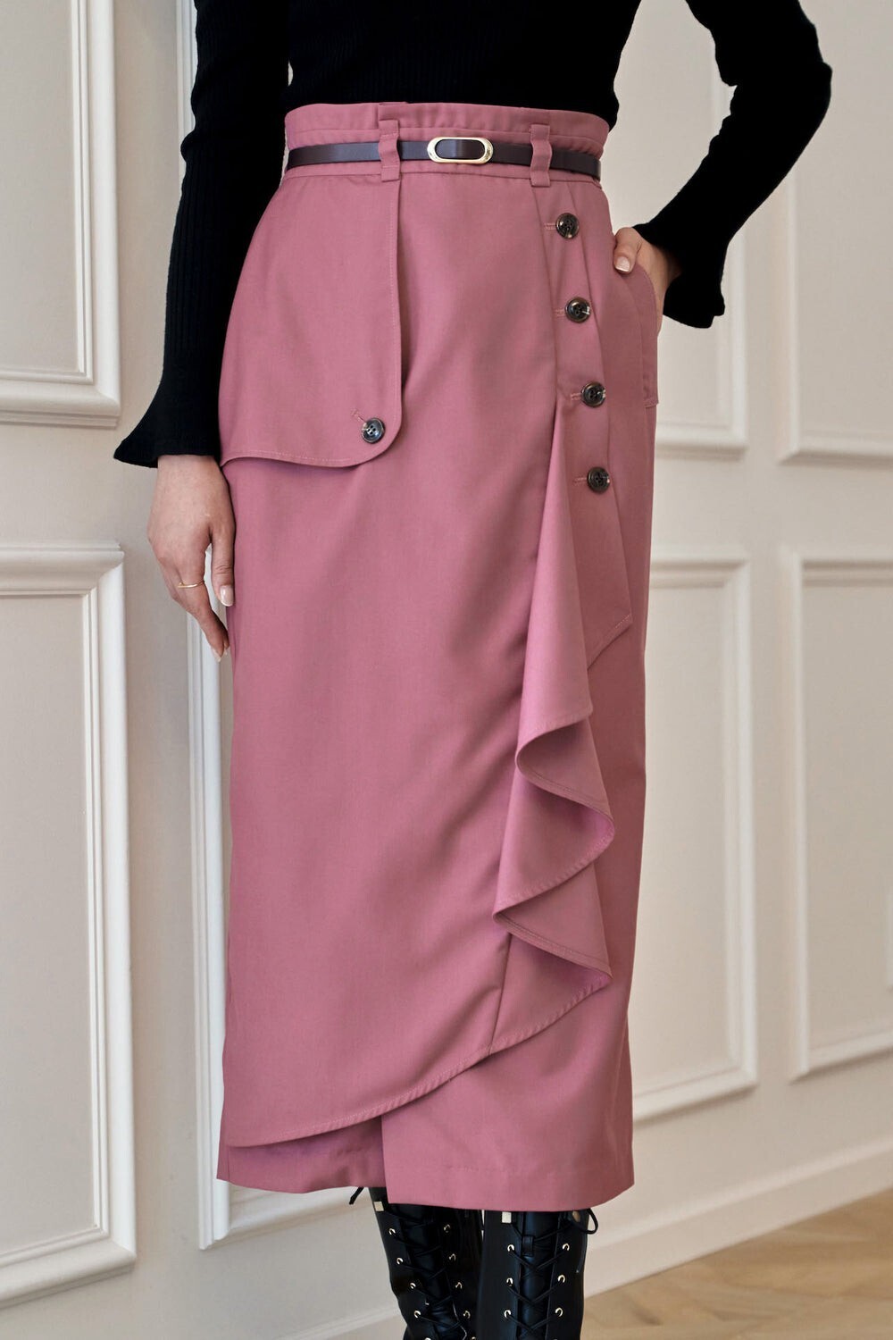 herlipto Belted Wrap-Effect Twill Skirt