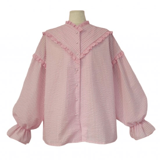 BayBee pin tuck frill blouse(gingham pink)