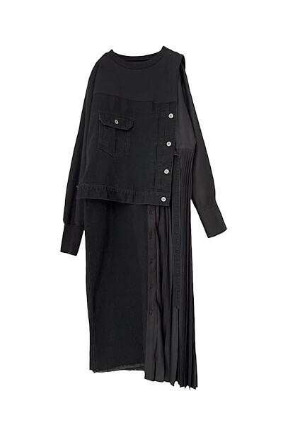 THE KEIJI HYBRID DENIM ASYMMETRIC PLEATED DRESS