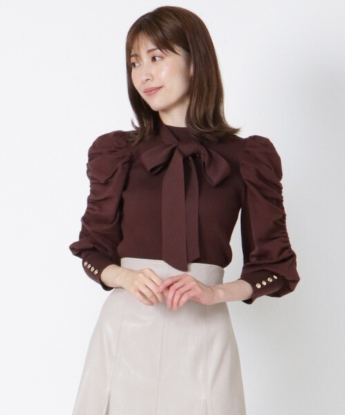 And Couture ボウタイ付きパワショル7分袖プルオーバー