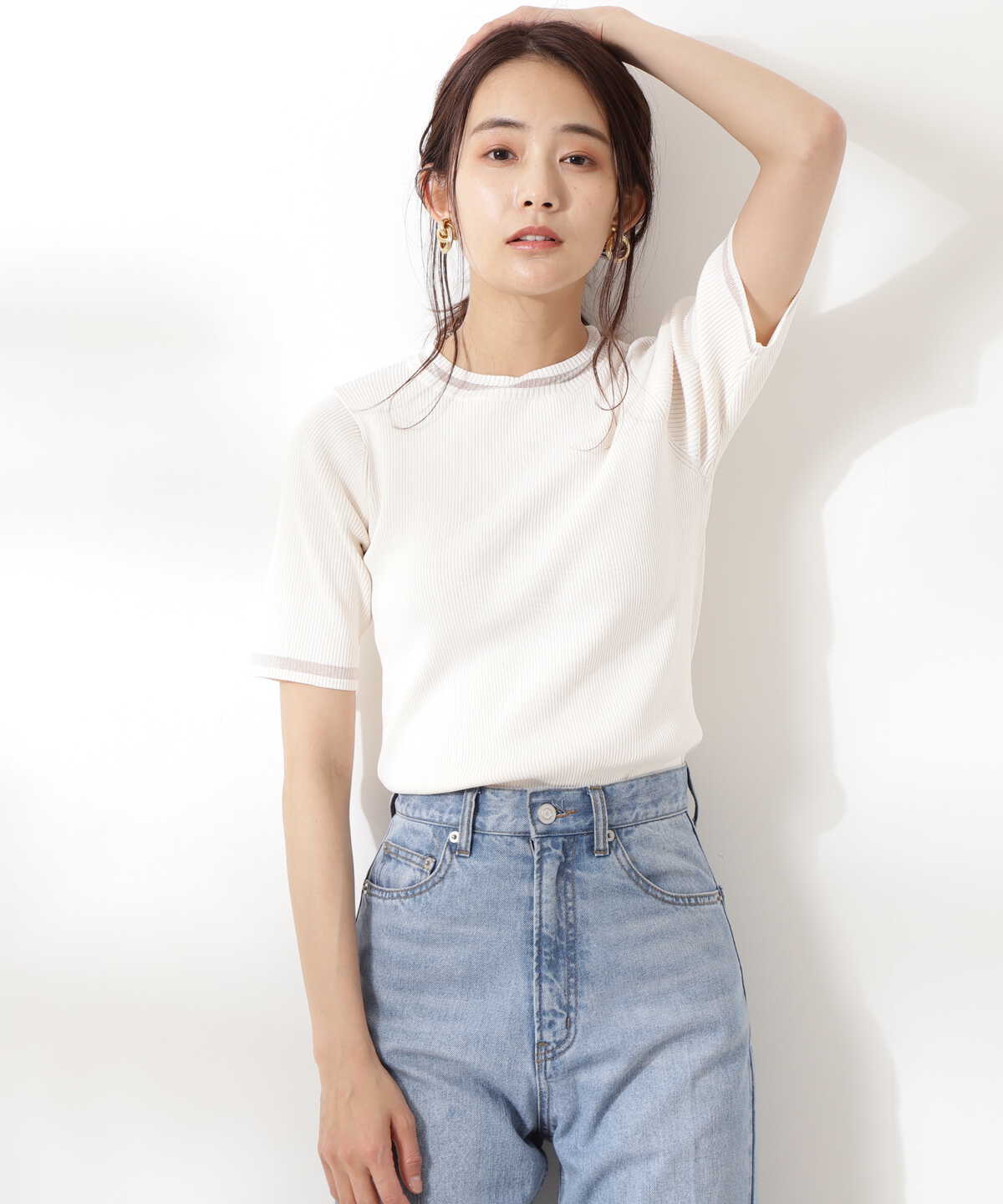 N.Natural Beauty Basic* シアーライン五分袖ニット