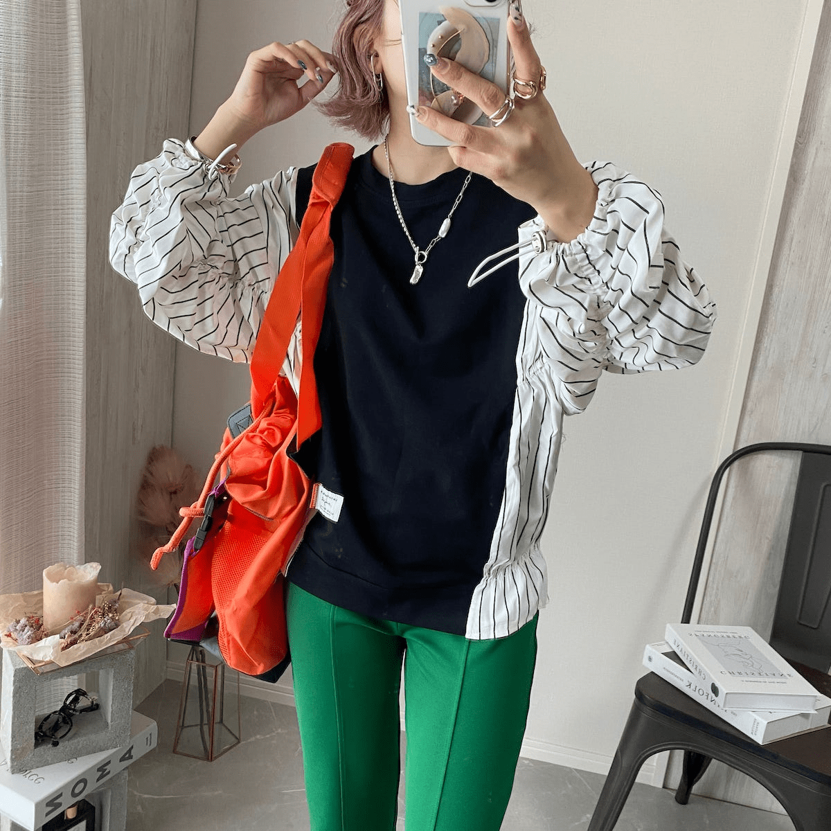 Chich&Sally シャーリングスリーブストライプドッキングTops