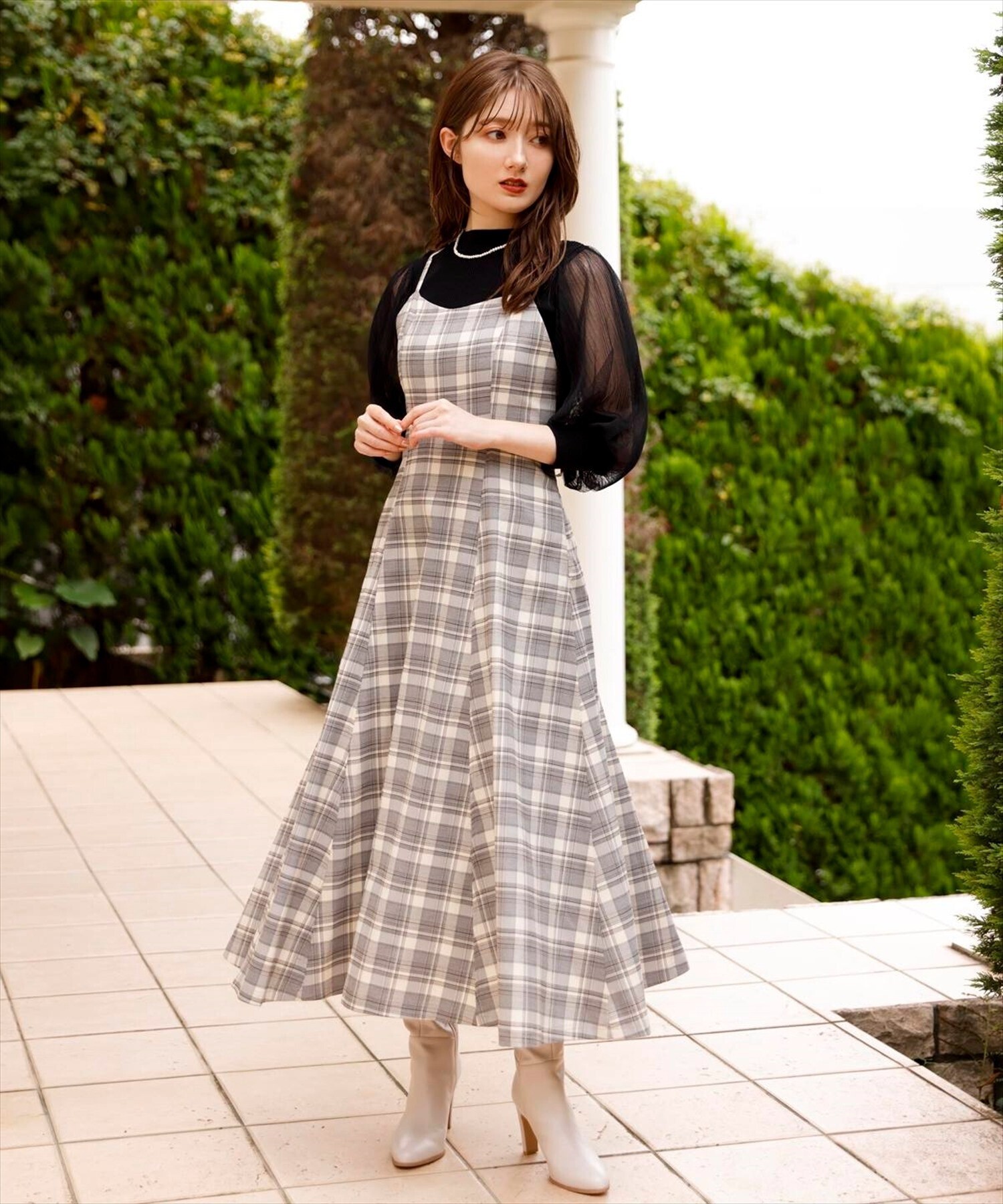 Swingle バックレースアップチェックキャミワンピース