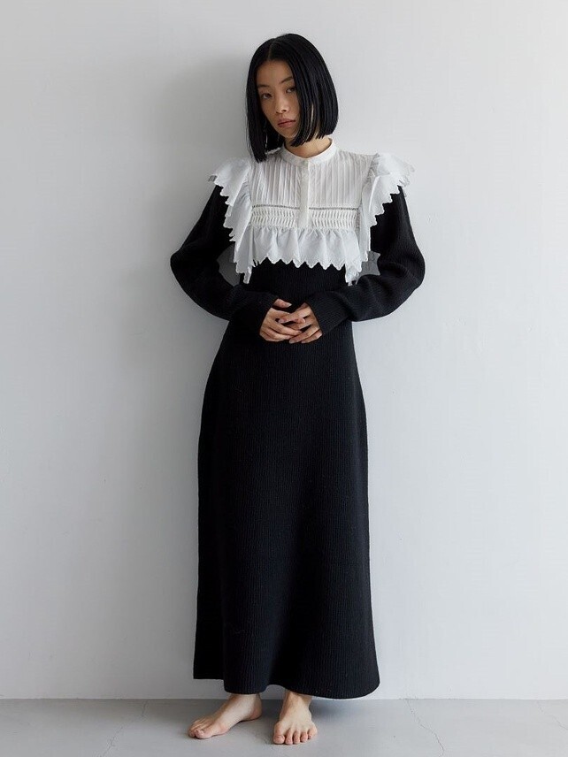 CASA FLINE フリルドッキングニットドレス