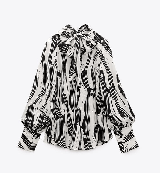 ZARA リボン付きプリント柄ブラウス