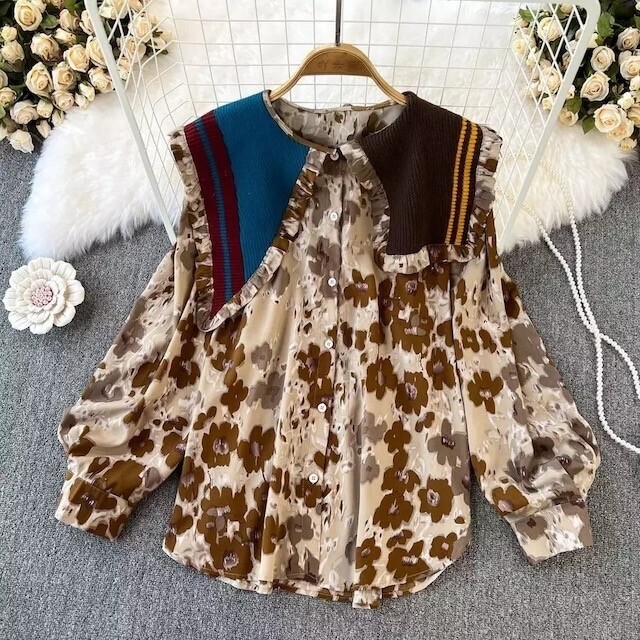 Wild Lily バイカラーニット襟付きドレスシャツブラウス