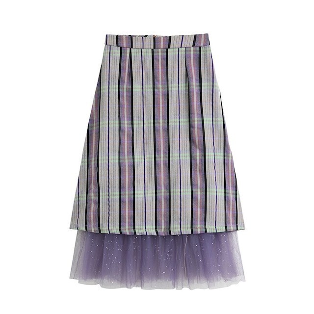 Shelluits purple×green Aラインのcheck柄スカート