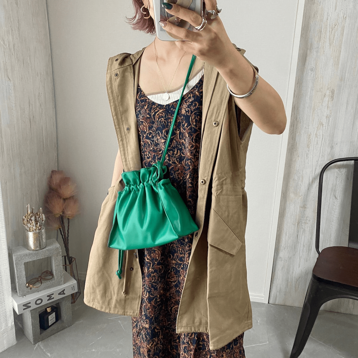 Chich&Sally コットンツイルミリタリーフードベスト【Beige】