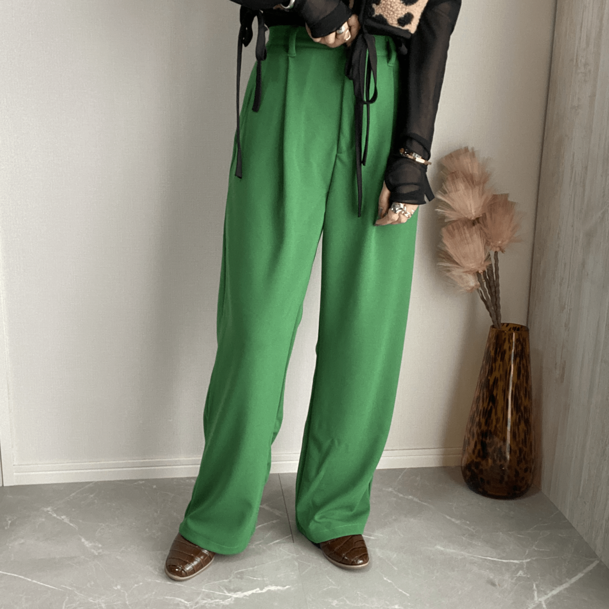 Chich&Sally Punch material tuck pants【Green】