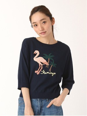 w closet フラミンゴ7分袖ニットプルオーバー