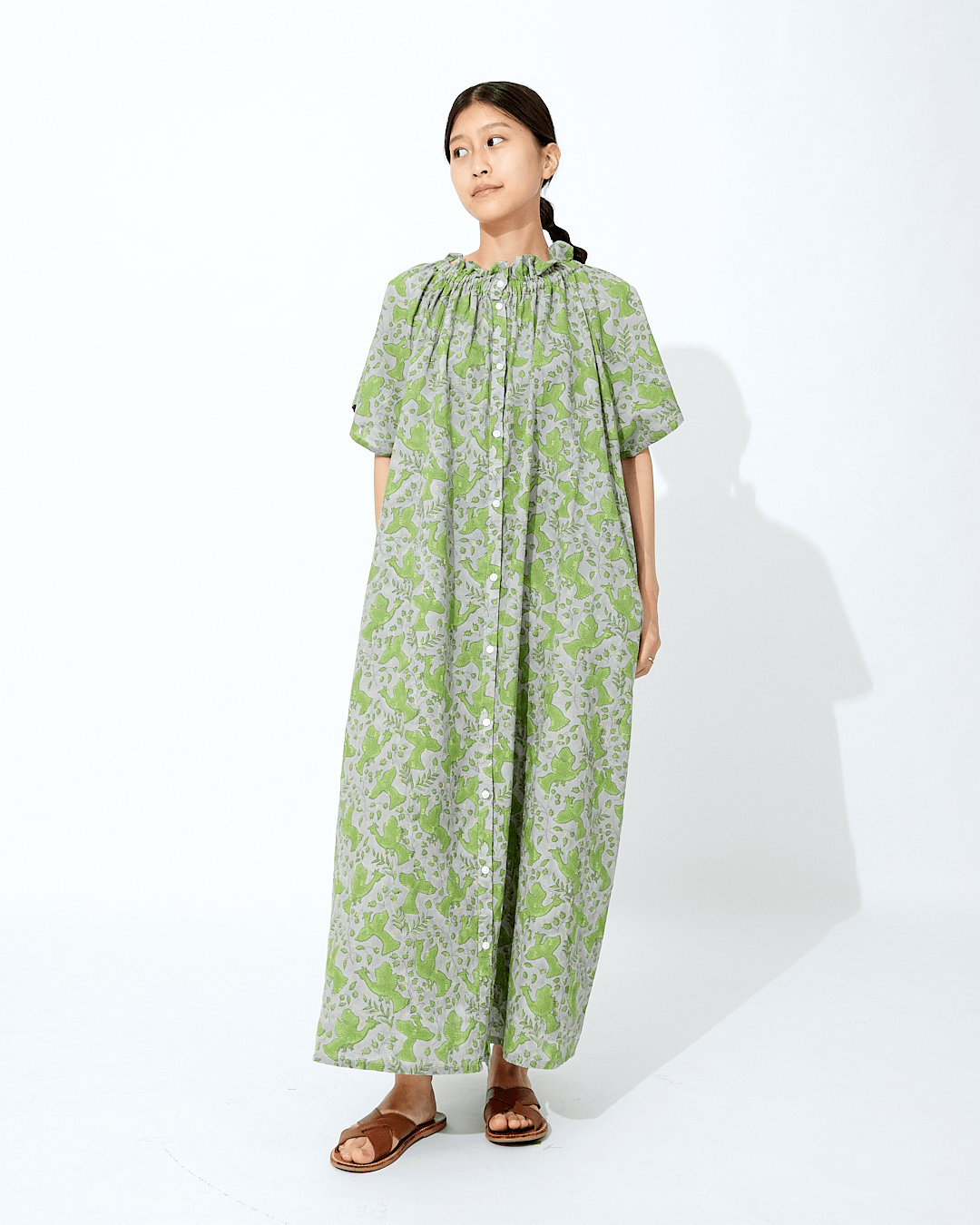 PRIVE MAISON LILOU+LILY リルアンドリリー オリジナルブロックプリントフェニックスフレンチスリーブワンピース グレー