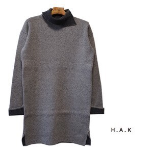 H.A.K ウールダブルフェイスソフトニット配色タートルネックチュニック