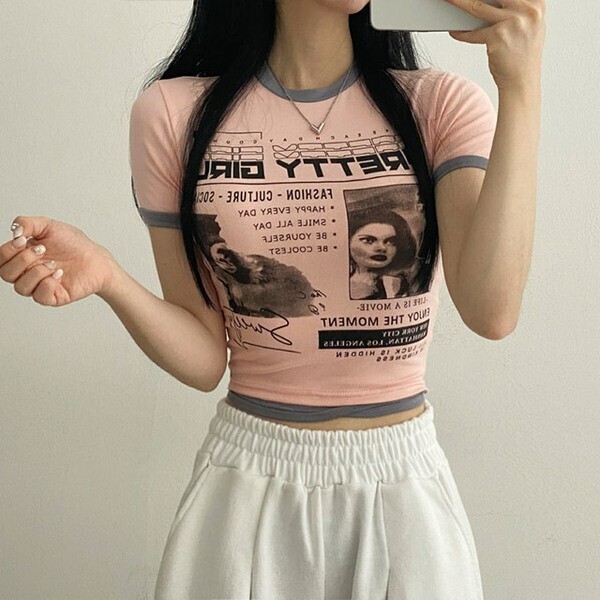 NUGU プリントクロップド半袖Tシャツ