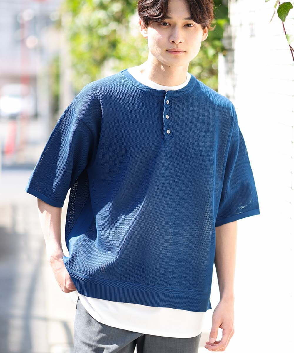 a.v.v 【2SET】メッシュ五分袖ヘンリーネックニット(カットソー付き）