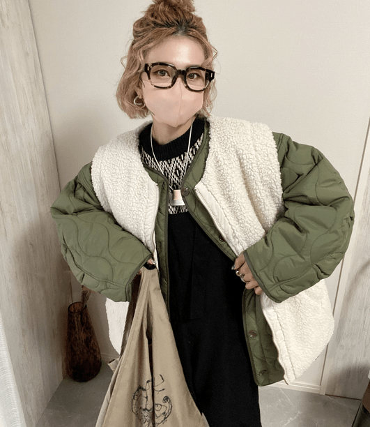 Chich&Sally boa vest × quilting jacket set【khaki】