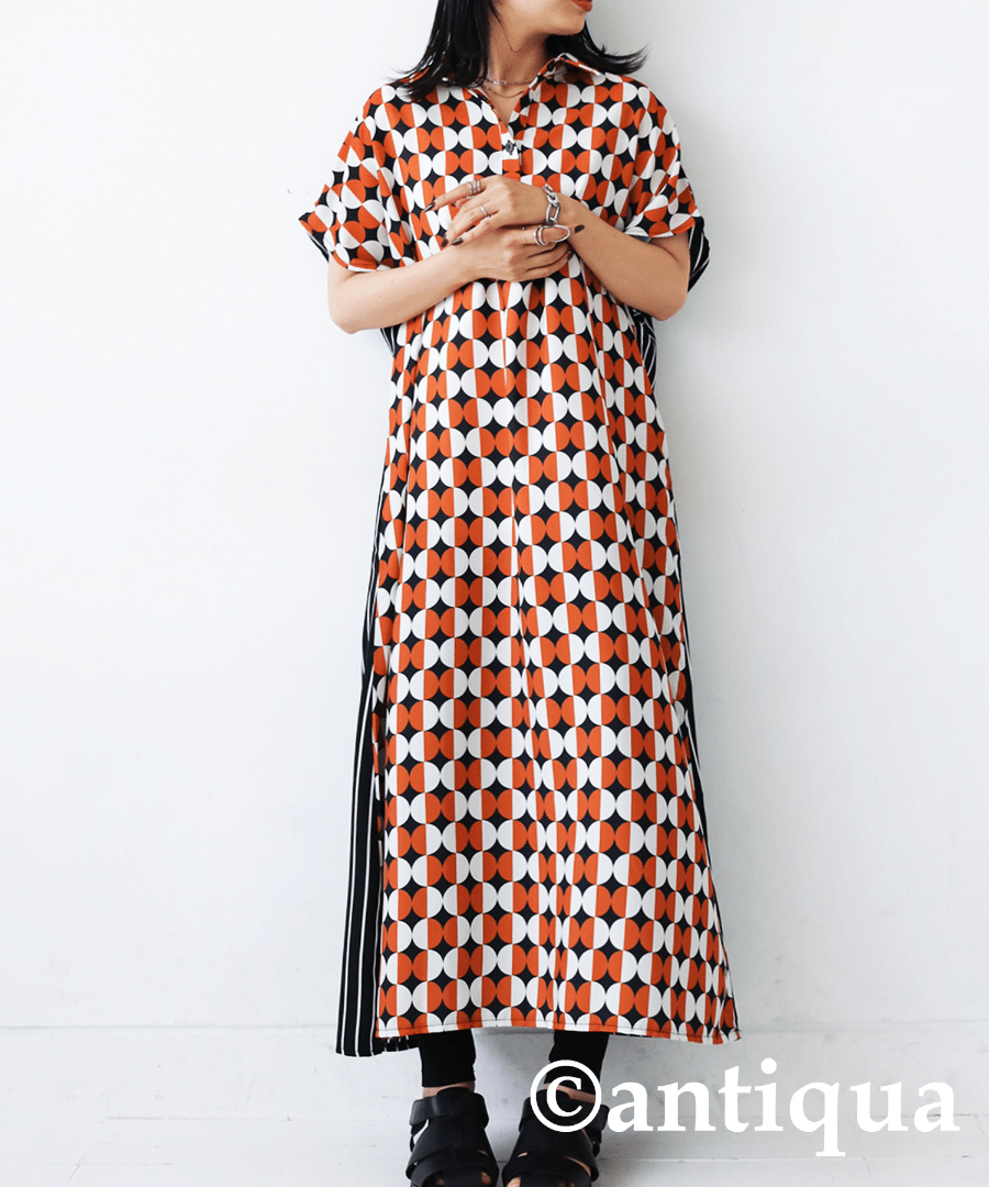antiqua ワンピース レディース ロング 半袖 レトロ柄・pa-03484