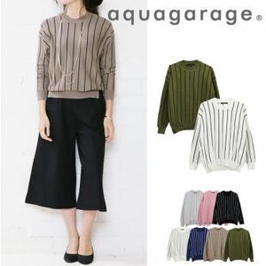 aquagarage ハイゲージニット サイドスリット ハイネック ドロップショルダー ピンストライプ