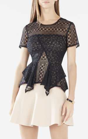 BCBG MAXAZRIA Karine Plaid Lace Peplum Top