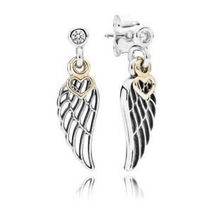 PANDORA Angel wing silver earrings with clear cubic zirconia and 14k hearts