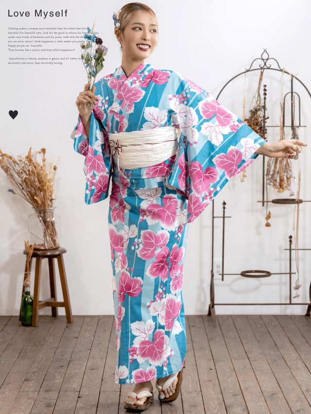 Mydress 【浴衣セット】小物が選べる!古典青地にストライプと蒲萄文様ゆかた2点セット