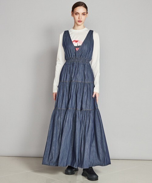 DOUBLE STANDARD CLOTHING インディゴVネックティアードワンピース