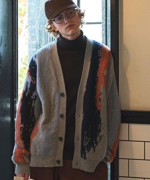 EMMA CLOTHES イレギュラーストライプ モヘアライクジャガード編みニットルーズカーディガン