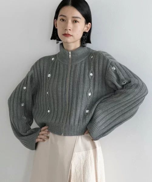 HARE ビジューZIPニットカーディガン