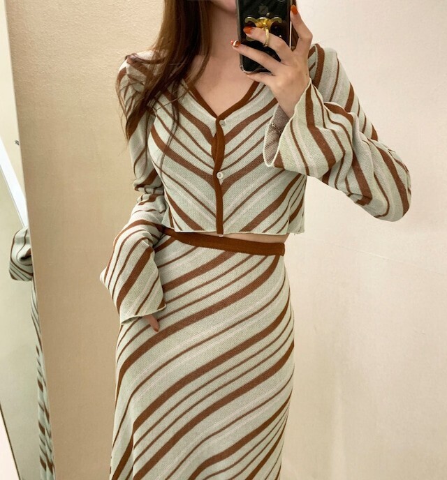 Wild Lily バイアス ストライプ ショート トップス ＆ スカート ニット セットアップ ワンピース