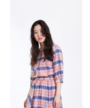 OLIVE des OLIVE シアーチェックボリューム袖ブラウス