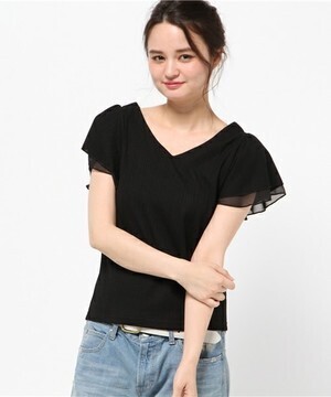 one after another NICE CLAUP 袖フリルＶテレコTシャツ